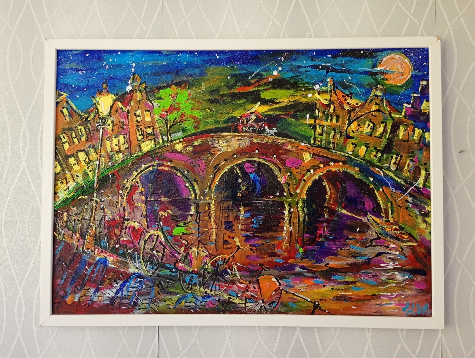 Elena Polyakova - Avond in Amsterdam (met certificaat), Antiek en Kunst, Ophalen of Verzenden, Ingelijst, Acrylverf, Stadsgezicht