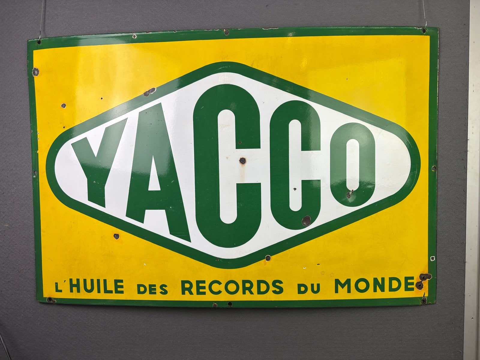 Oud origineel yacco olie emaille reclamebord 100 x 66 cm, Verzamelen, Ophalen, Reclamebord, ., Zo goed als nieuw
