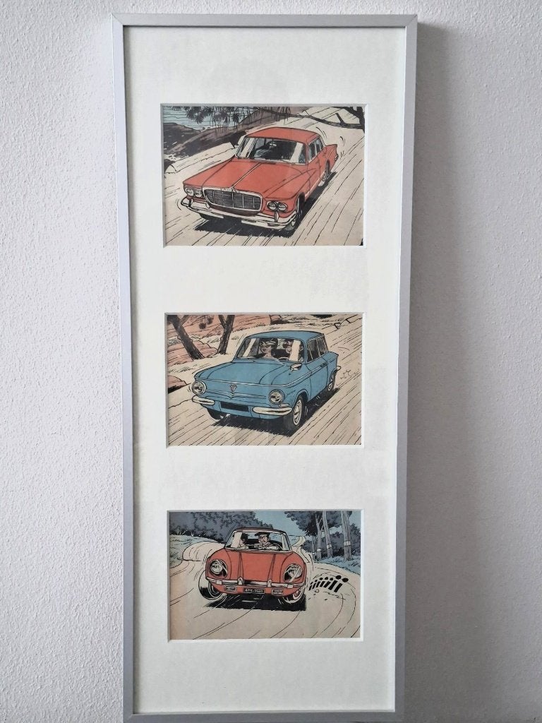 vintage auto prentjes tekening in lijst jaren 60 Kuifje, Ophalen of Verzenden, Zo goed als nieuw, Auto's