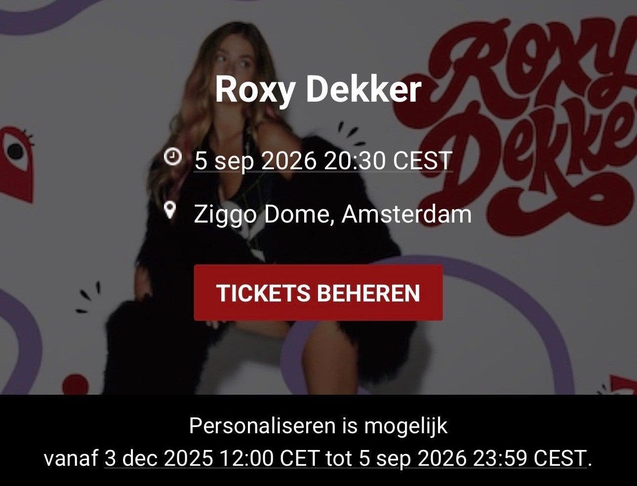 2x Roxy dekker ziggo dome tickets avondshow 5 sept, Twee personen