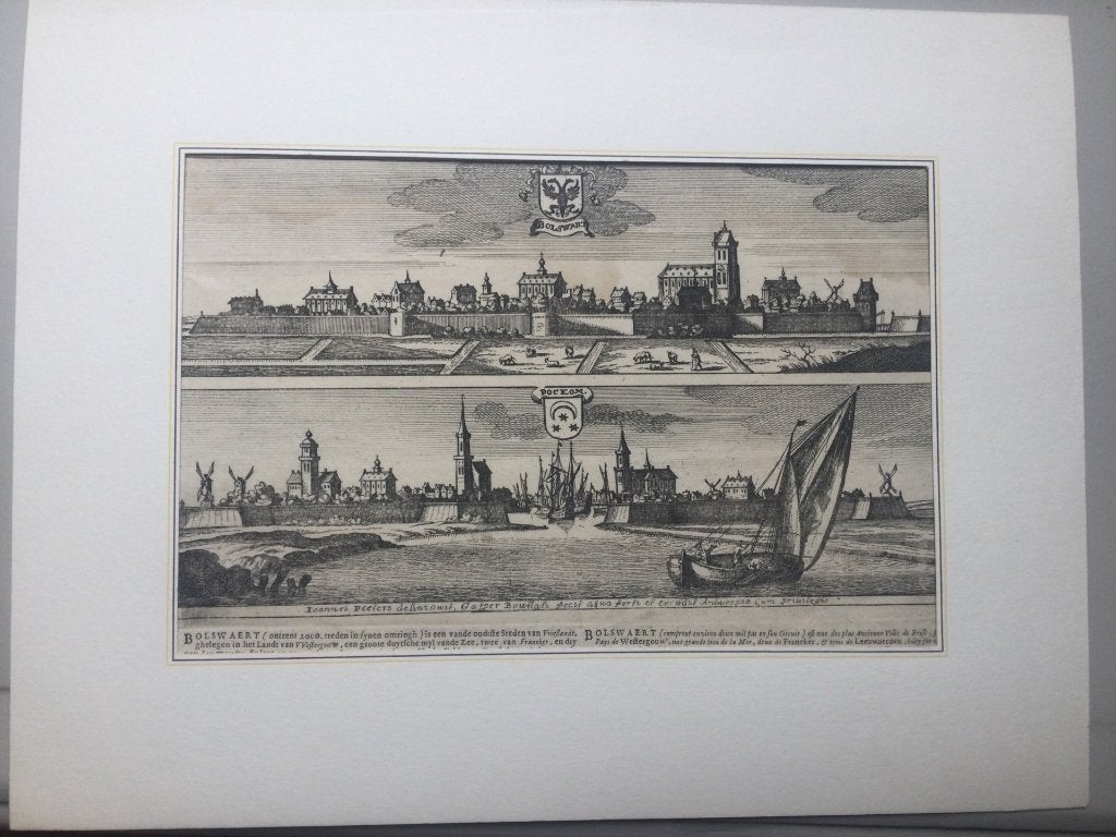 Bolsward en Dokkum, aanzicht, 1674, Antiek en Kunst, Stadsgezicht, 19 cm, 1600 - 1699, Met tekst