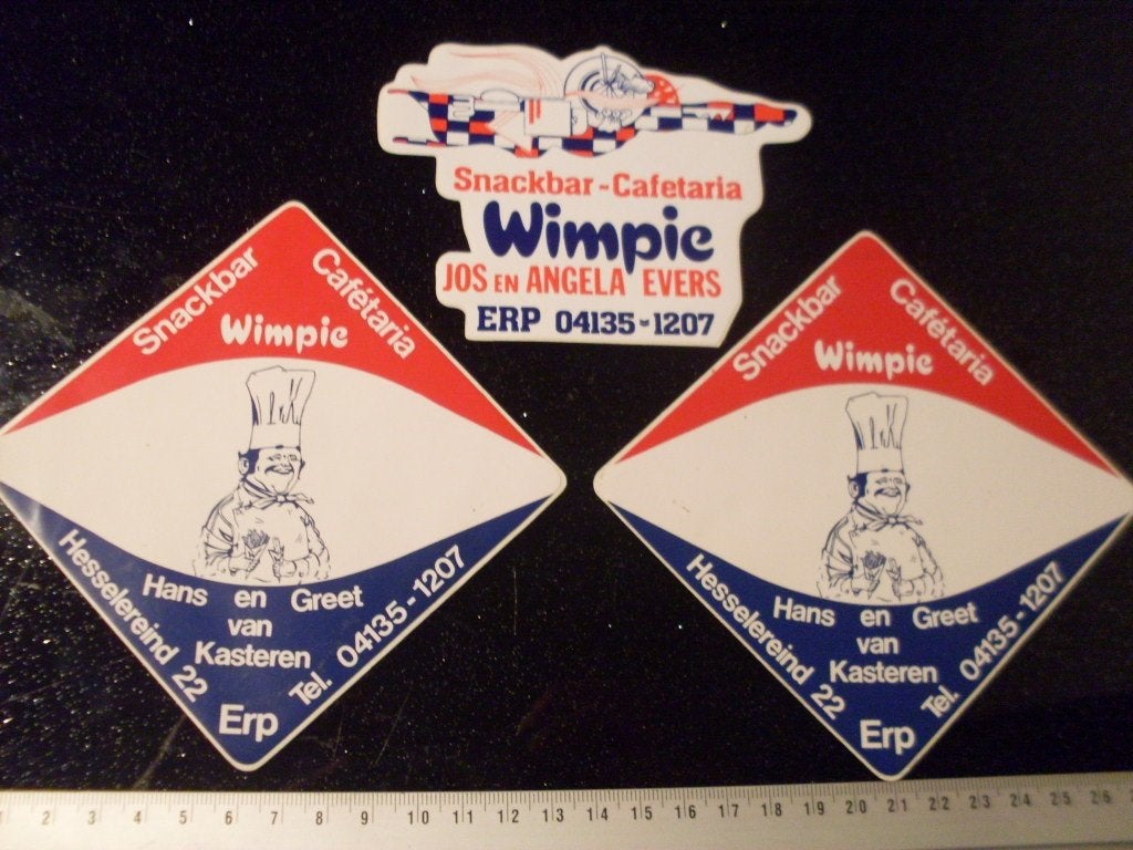 3x sticker snackbar cafetaria Wimpie erp logo, Verzamelen, Stickers, Zo goed als nieuw, Bedrijf of Vereniging, Verzenden