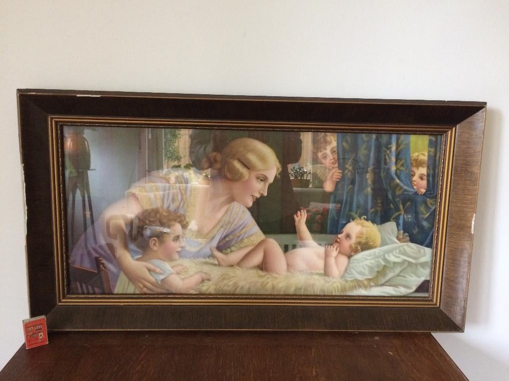 Jaren 50 moeder met haar kindje & baby op commode schilderij, Ophalen of Verzenden, Gebruikt, Kraamcadeau