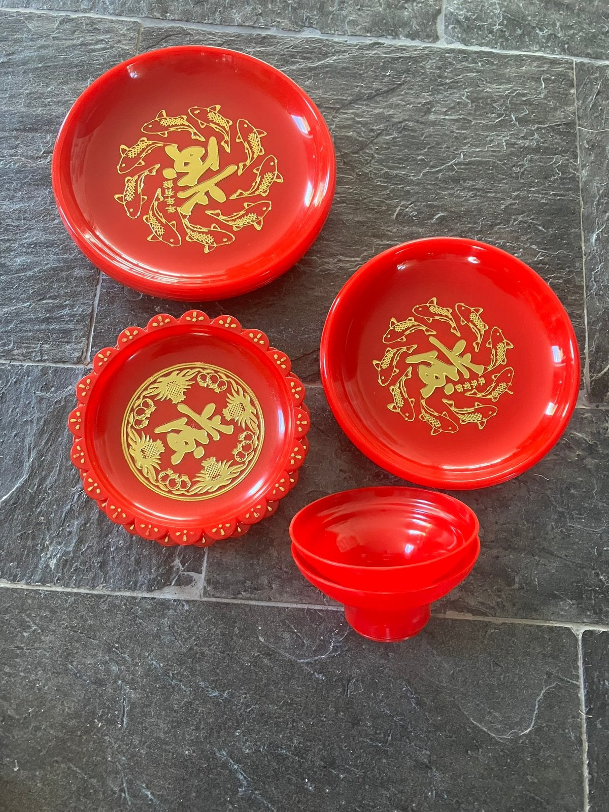 Chinees servies (plastic) bordjes (10x) en kom (2x), Ophalen of Verzenden, Zo goed als nieuw, Versiering