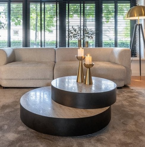 Richmond Interiors Avalon salontafel — travertin/zwart, Ophalen, 50 tot 100 cm, Rond, 50 tot 100 cm