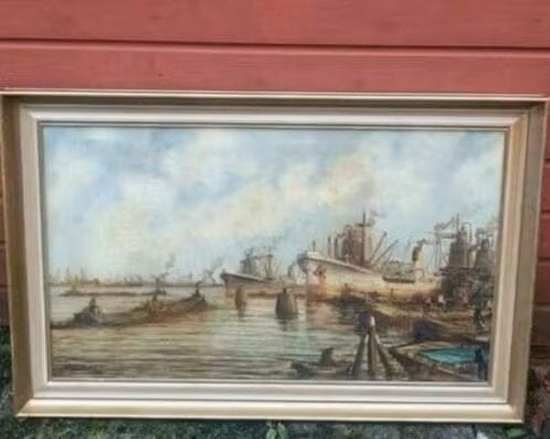 olieverf schilderij Haven Rotterdam Wim Bos (1906-1974), Antiek en Kunst, Ophalen