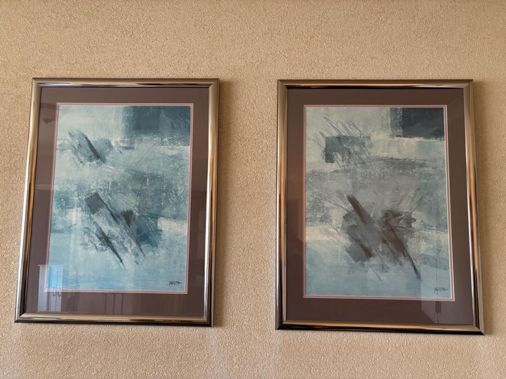 Set van 2 abstracte schilderijen in blauwtinten, Antiek en Kunst, Ophalen