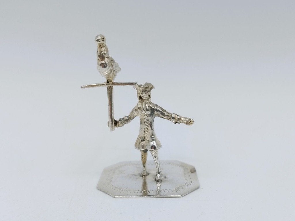 Zilveren miniatuur valkenier, J. Borduur, Amsterdam, 1737, Verzenden, Zilver