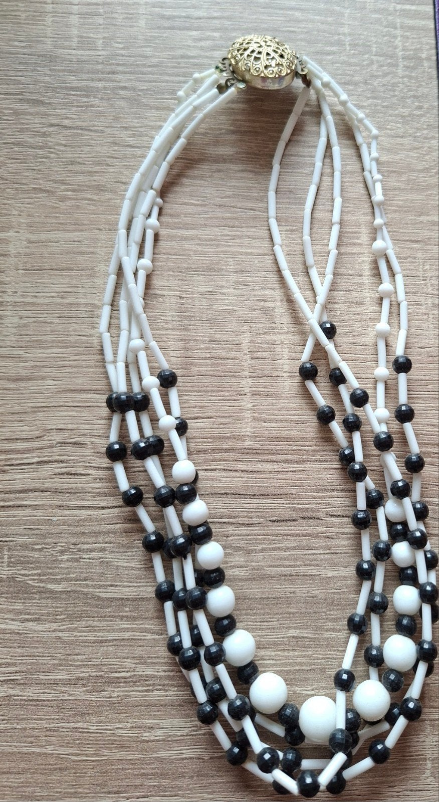 Vintage Flapper Ketting Zwart-Wit met Filigraan Sluiting, Ophalen, Overige materialen, Ketting