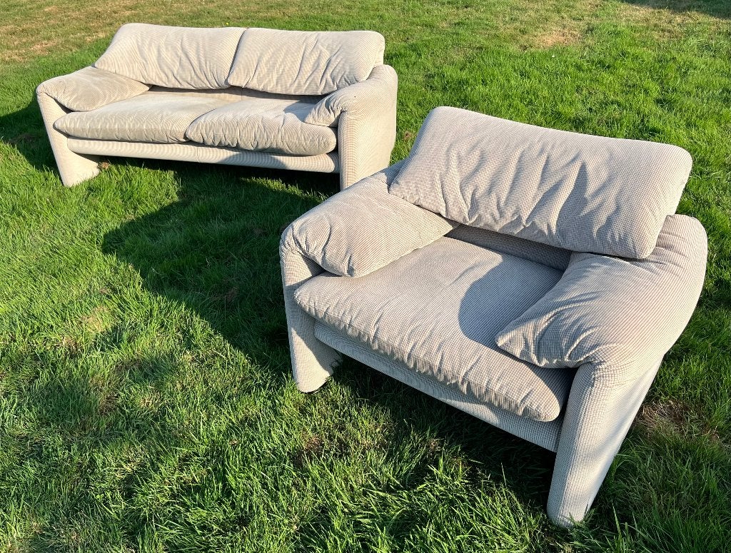 Cassina Maralunga 2-zits Bank + Fauteuil Vico Magistretti, Ophalen, Mid century modern, 150 tot 200 cm, Tweepersoons