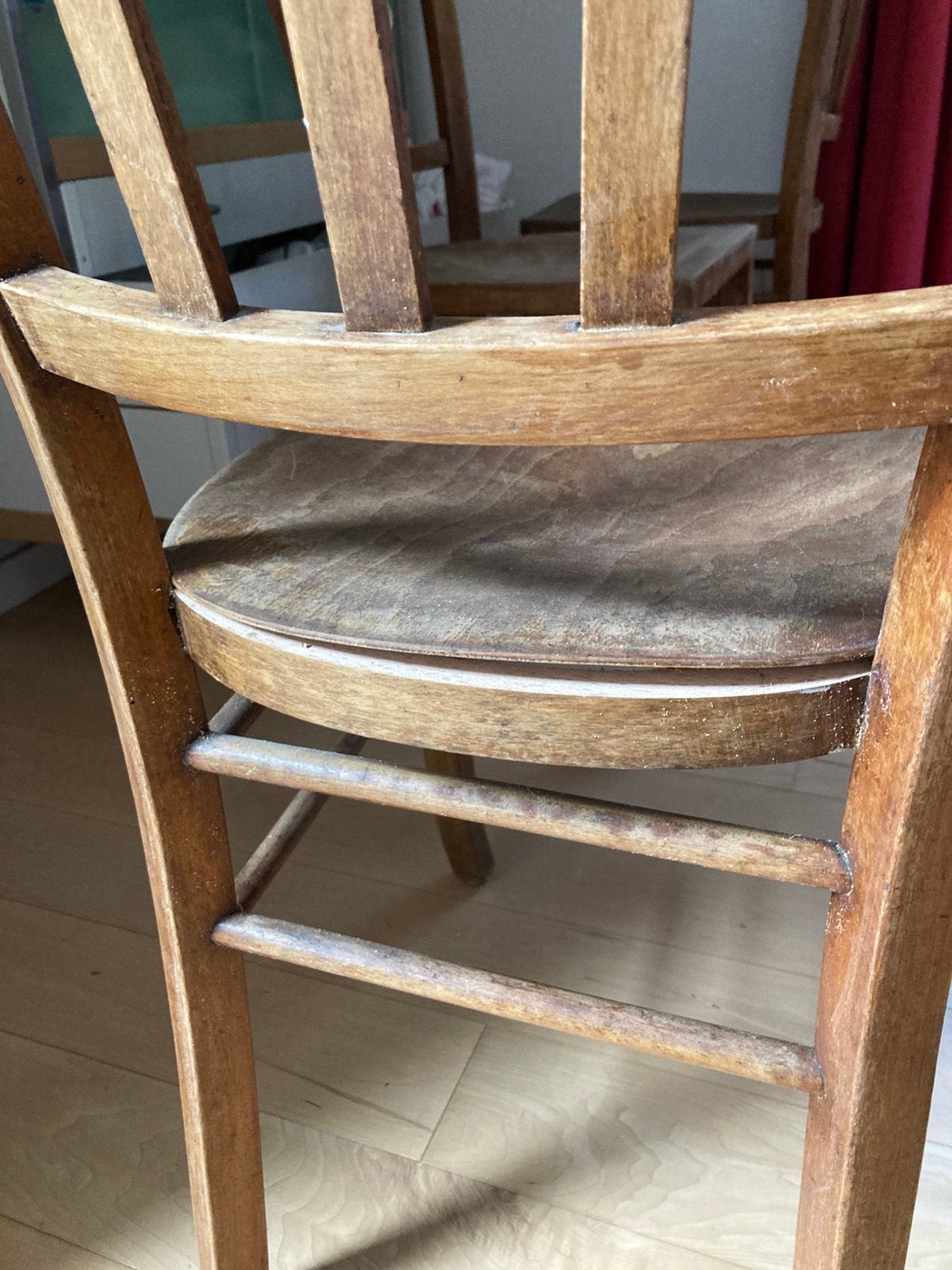4 antieke houten keukenstoelen, Ophalen, Gebruikt, Bruin, Vier