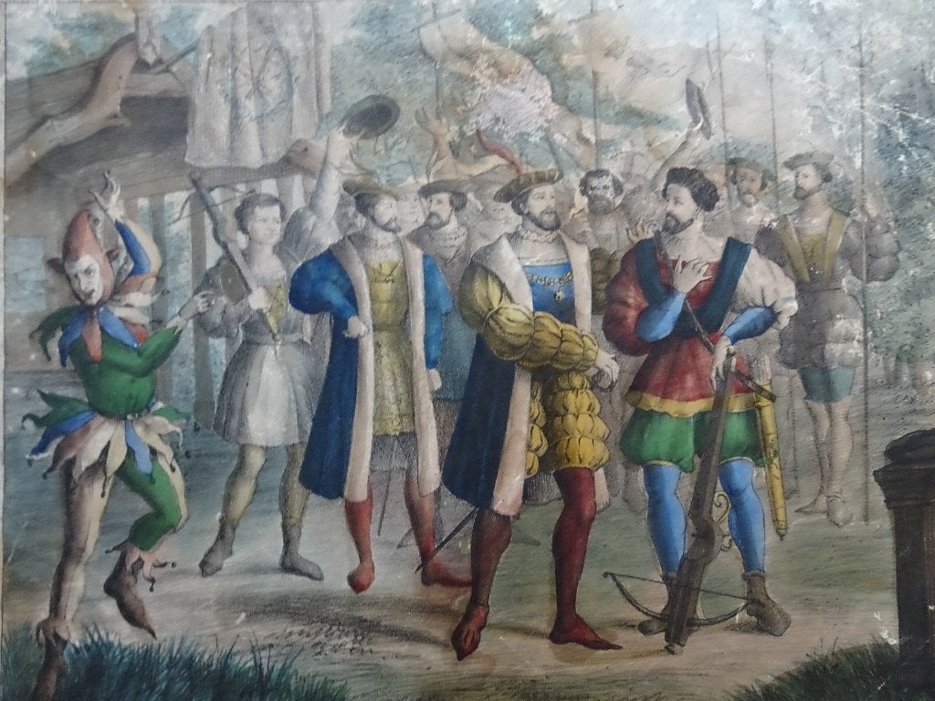 litho Keizer Karel de schieter, nar, L. Stroobant, ca.1850, Origineel, Ophalen of Verzenden, Personages en Fantasiefiguren, Lithografie