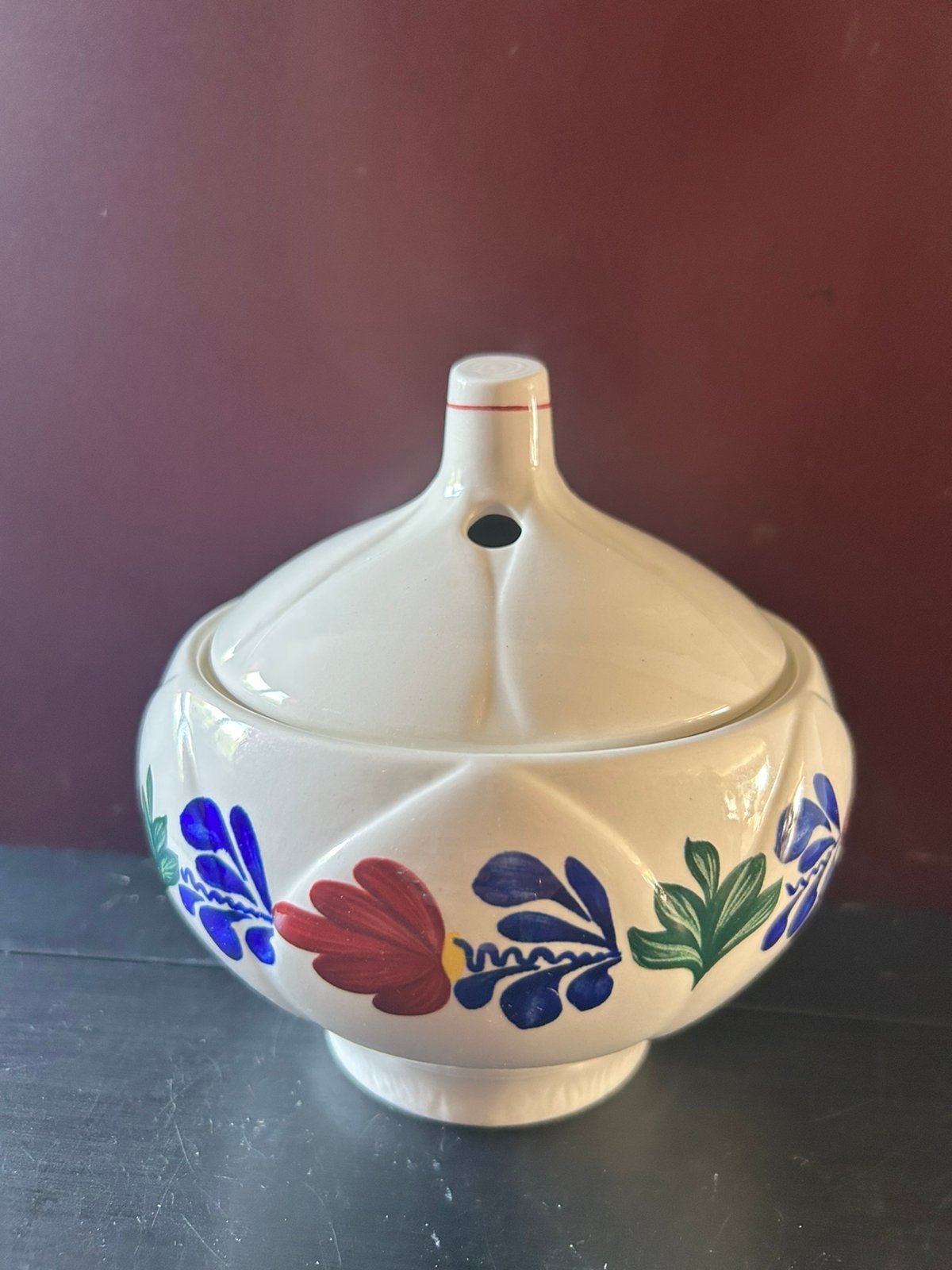 Charmante vintage boerenbont knoflookpot, Div, Ophalen of Verzenden, Zo goed als nieuw, Bord(en)