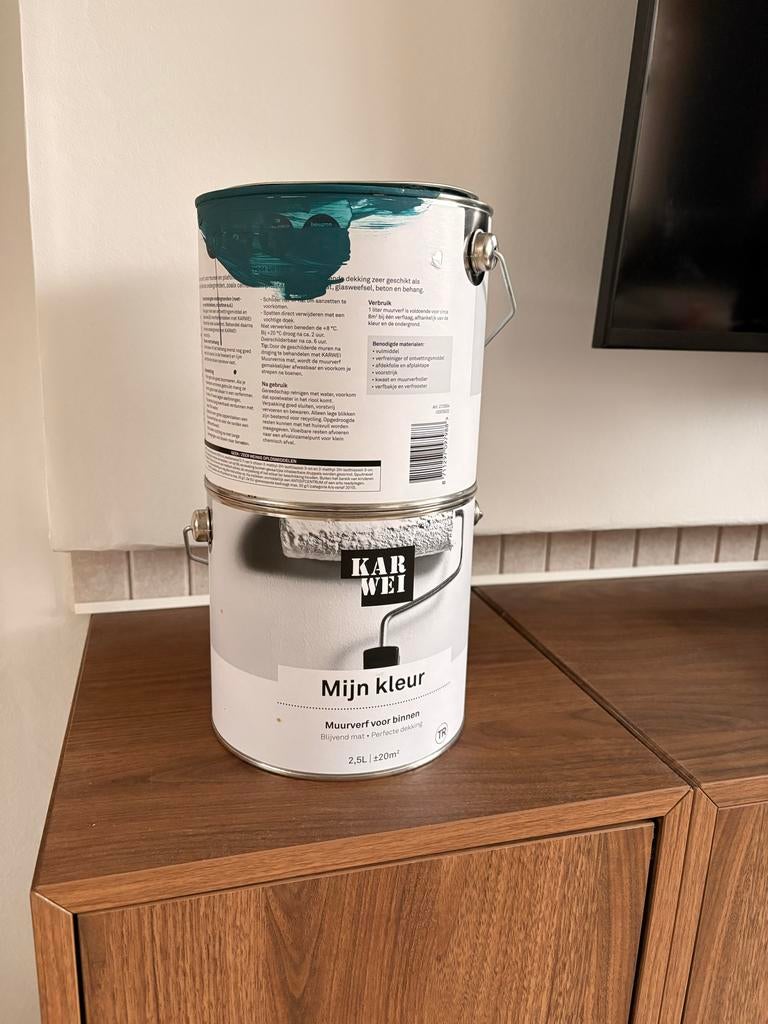 Muurverf Karwei 2,5L Petrol Blauw - Nieuw + restje, Blauw, Ophalen of Verzenden, Minder dan 5 liter, Verf