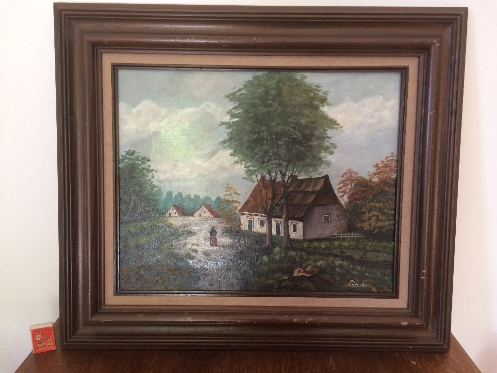 Oud boerderij klein huisje op kleigrond cottage boerderijtje, Doek, Oud hollands, Ophalen of Verzenden, Bijzondere lijst