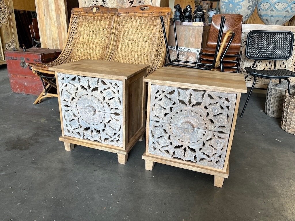 2 X Handgesneden Kastje/Nachtkastje uit India Ibiza/Boho, Ophalen, 1 of 2 laden, Ibiza/Boho/Botanisch, Nieuw
