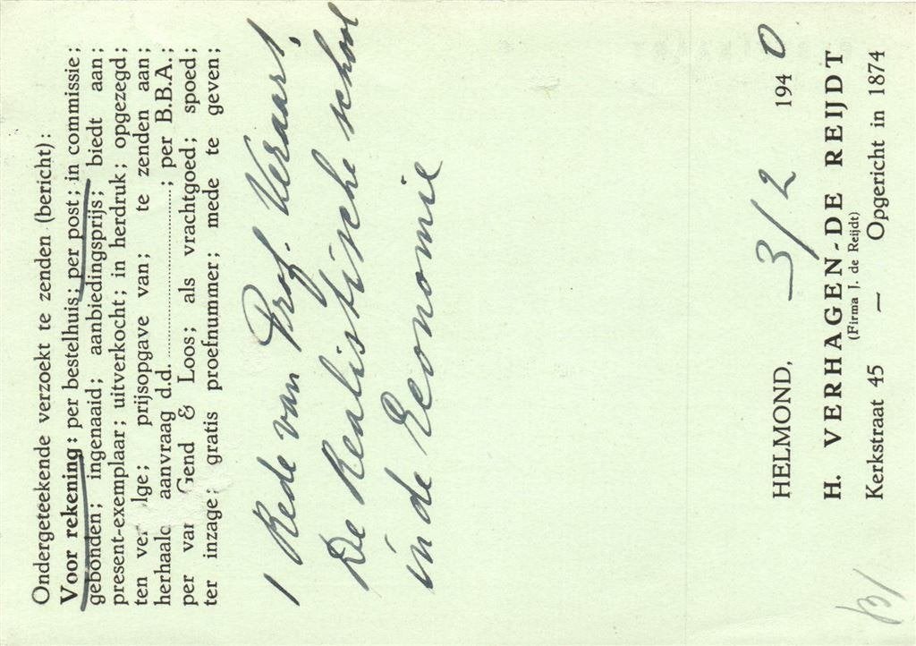 H. Verhagen-De Reijdt, Helmond - 02.1940 - bestelkaart, Ophalen of Verzenden, Briefkaart