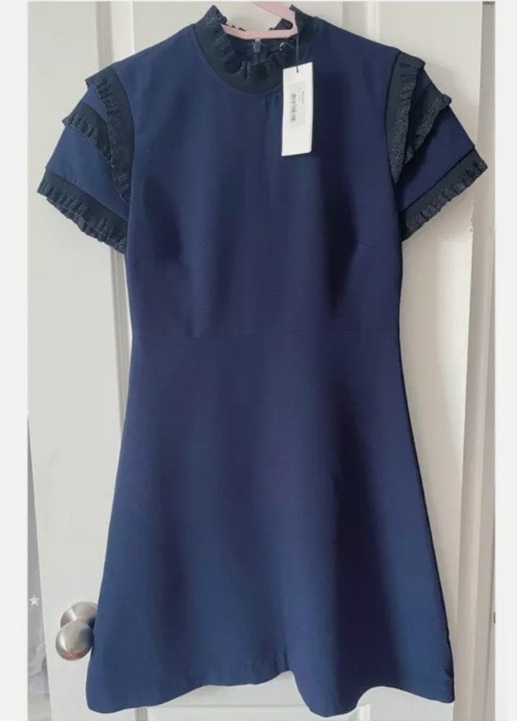 Sandro Cody navy blauw mini jurk met ruches maat 38, Maat 38/40 (M), Blauw, Sandro, Nieuw