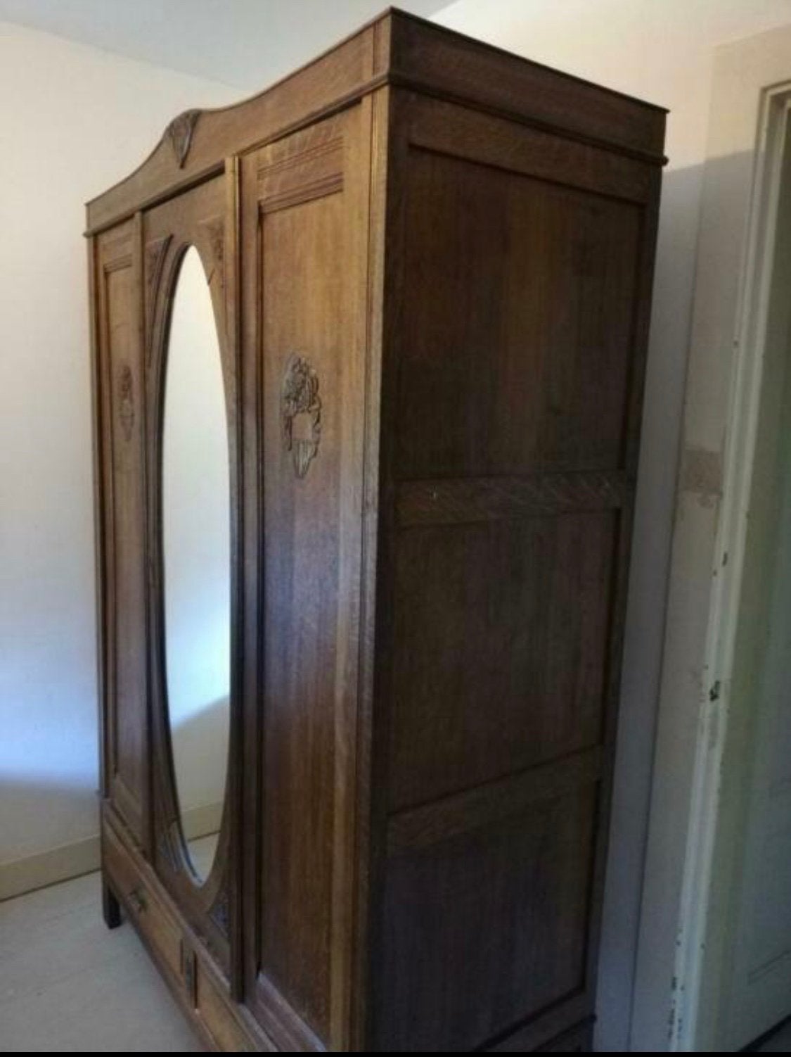 Antieke eikenhouten kledingkast met spiegel poederroze, Huis en Inrichting, Kasten | Kledingkasten, Gebruikt, 100 tot 150 cm, Eikenhout