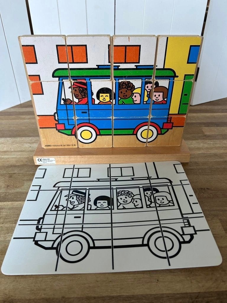 Jegro verticale stokpuzzel bus houten blokpuzzel, Ophalen of Verzenden, Gebruikt, Puzzelen