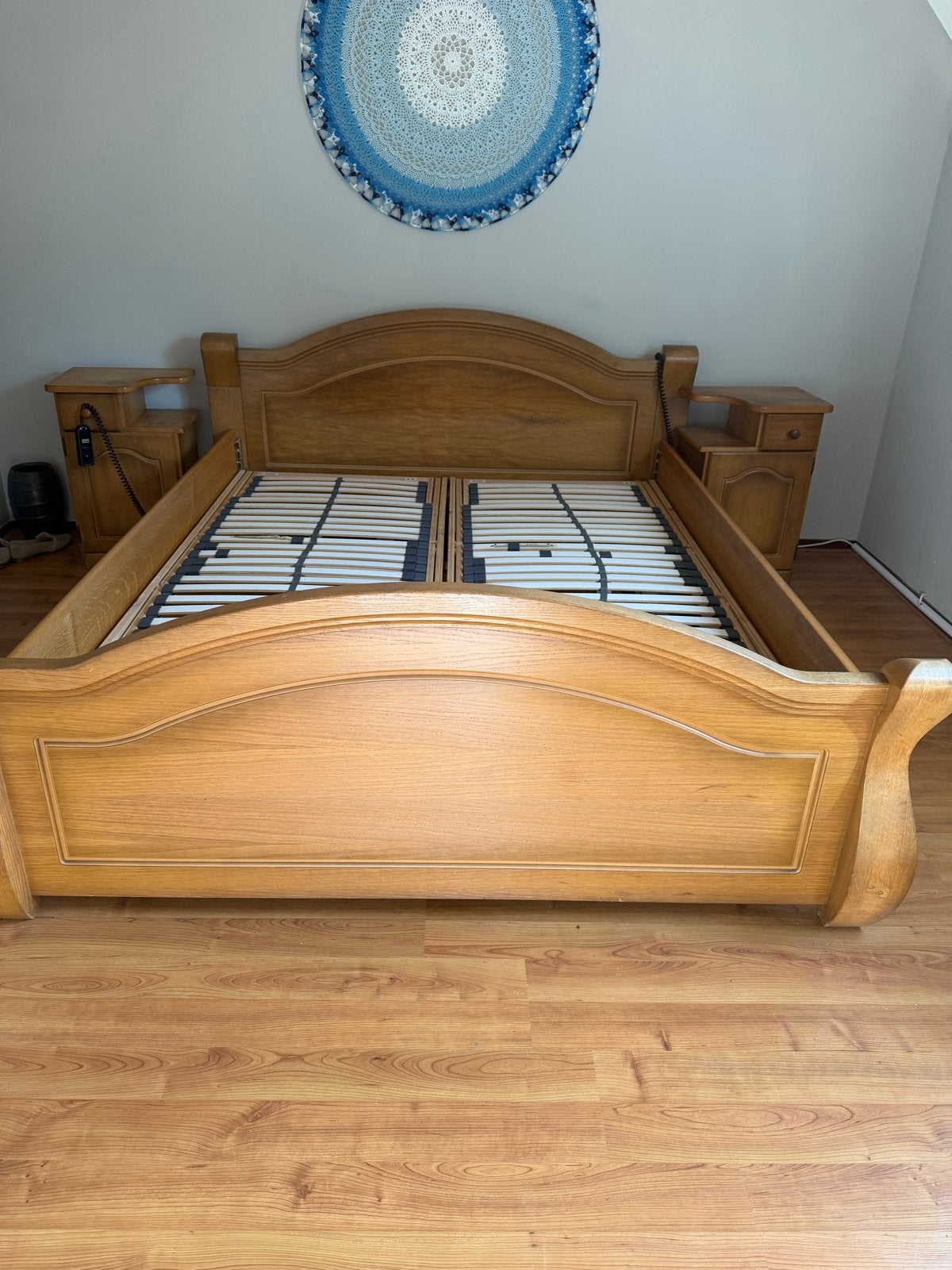 Licht eiken bed 160x200 met elektrische lattenbodems, Ophalen, Bruin, Tweepersoons, 200 cm