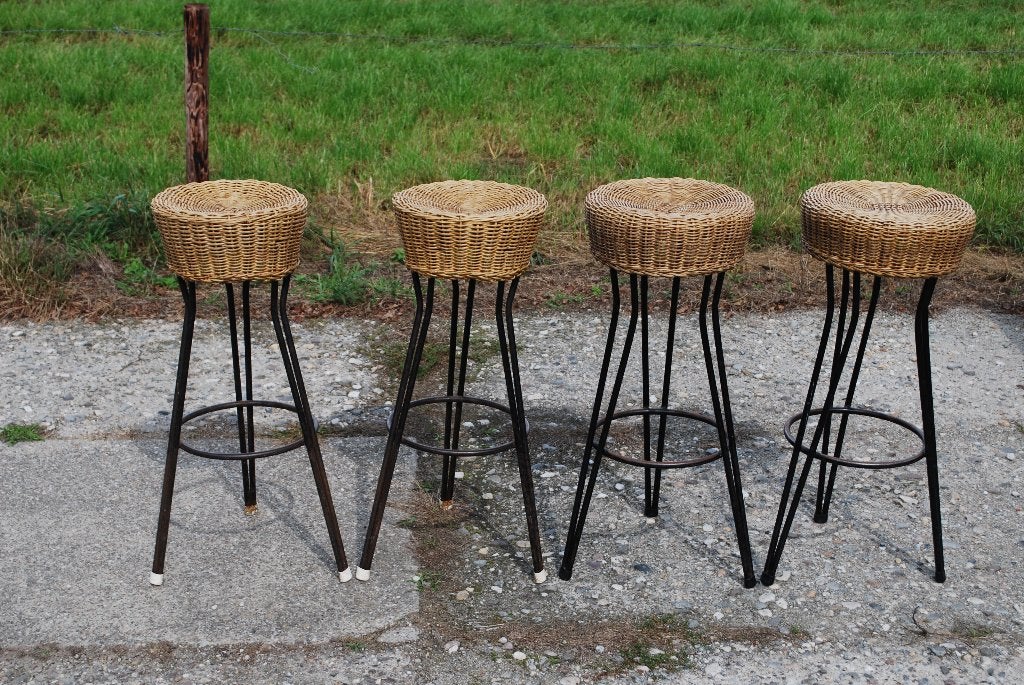 Rotan barkrukken Rohe Noordwolde 1960, Metaal, Gebruikt, Met voetsteun, 60 tot 90 cm