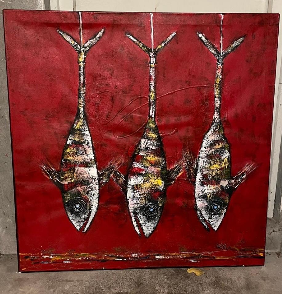Olieverf Schilderij - Drie Vissen - 100x100 cm, Antiek en Kunst, Kunst | Schilderijen | Abstract, Ophalen of Verzenden