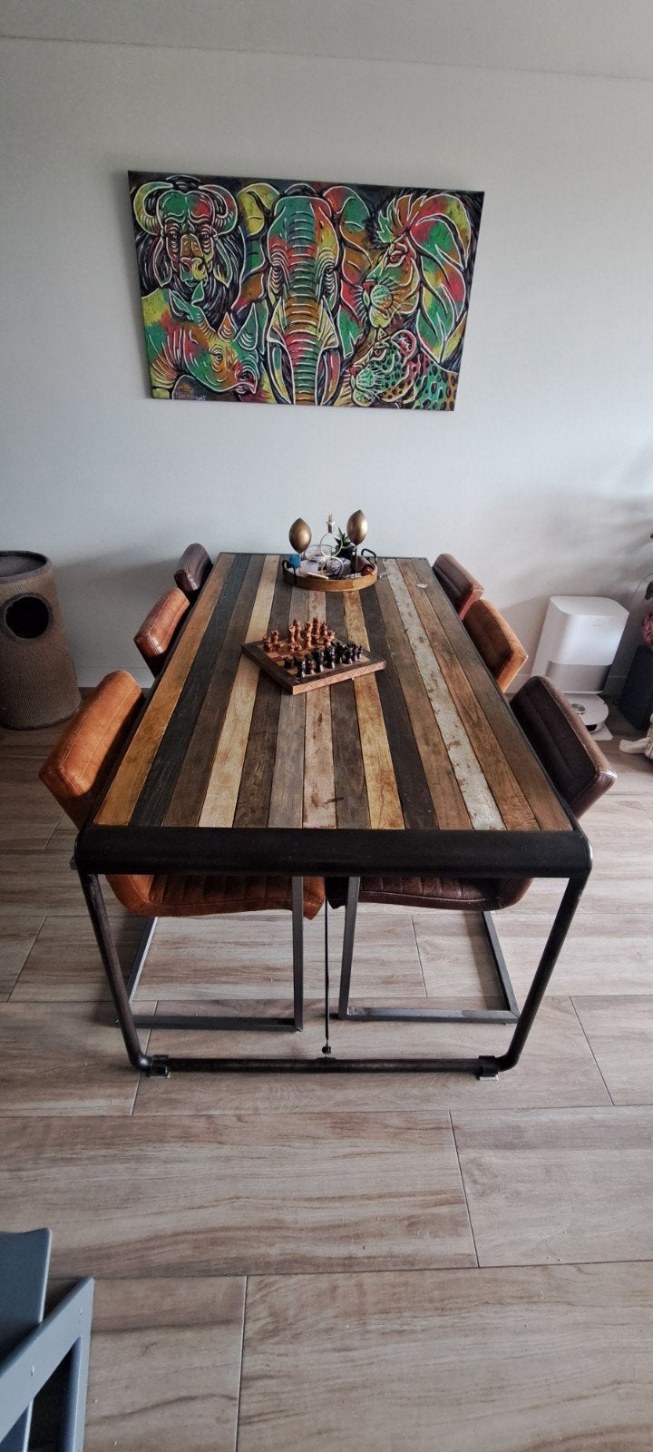 Trendhopper eettafel 200x100 en 6 stoelen 4 leer, 2 stof, Ophalen, Gebruikt, 100 tot 150 cm, Overige materialen