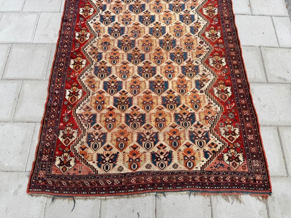 Zeldzaam antiek Qashqai tapijt –180x133cm– meer dan 100 jaar, Gebruikt, 100 tot 150 cm, Wol, Geel