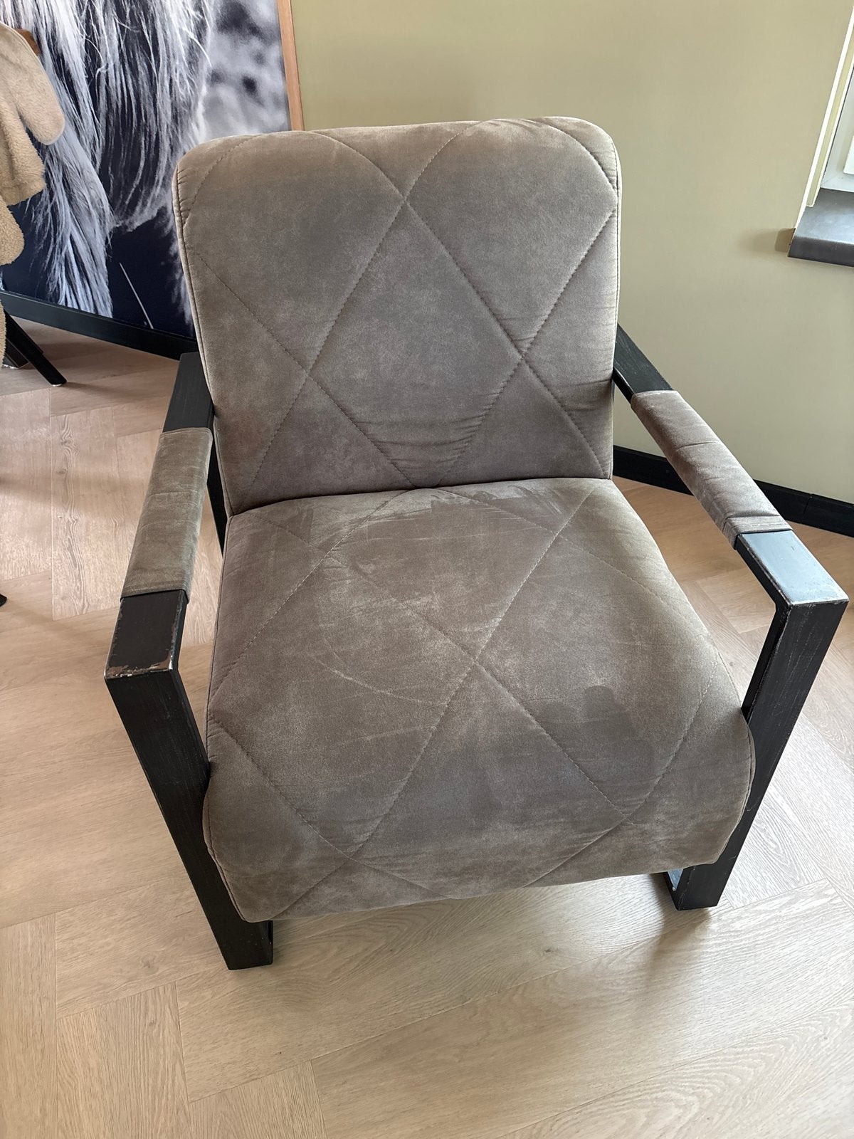Comfortabele fauteuil grijs/taupe, Huis en Inrichting, Fauteuils, Ophalen, Gebruikt, 75 tot 100 cm, Stof
