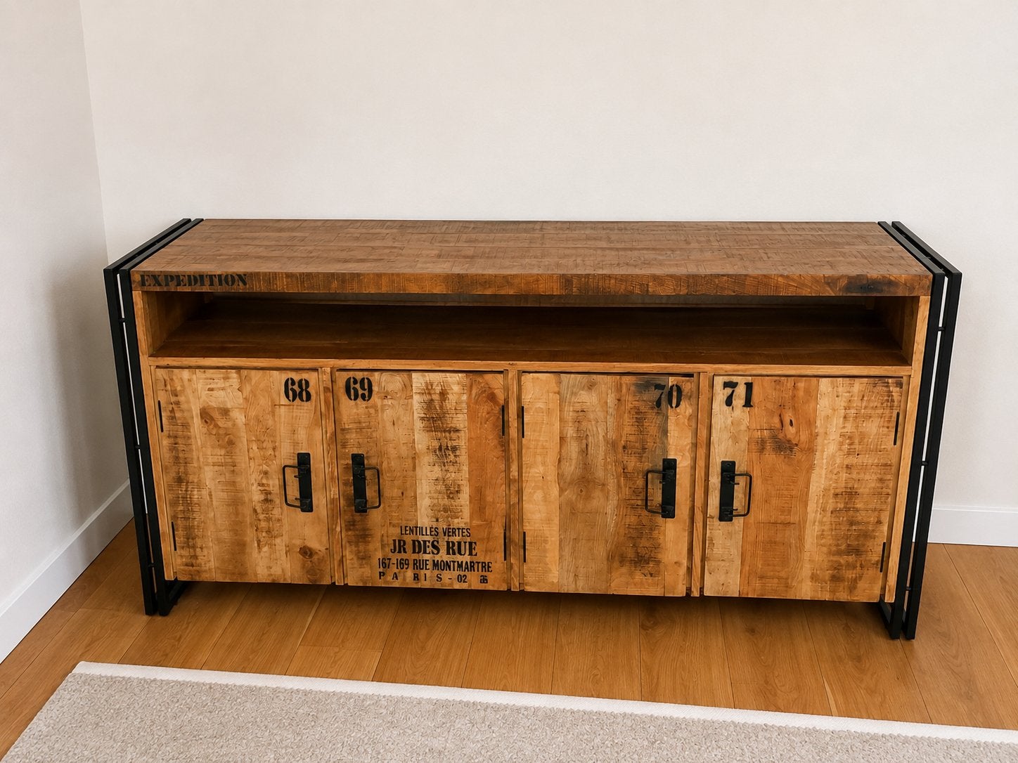 Industrieel houten dressoir / kast - 178 cm breed, Ophalen, 150 tot 200 cm, Zo goed als nieuw, 25 tot 50 cm