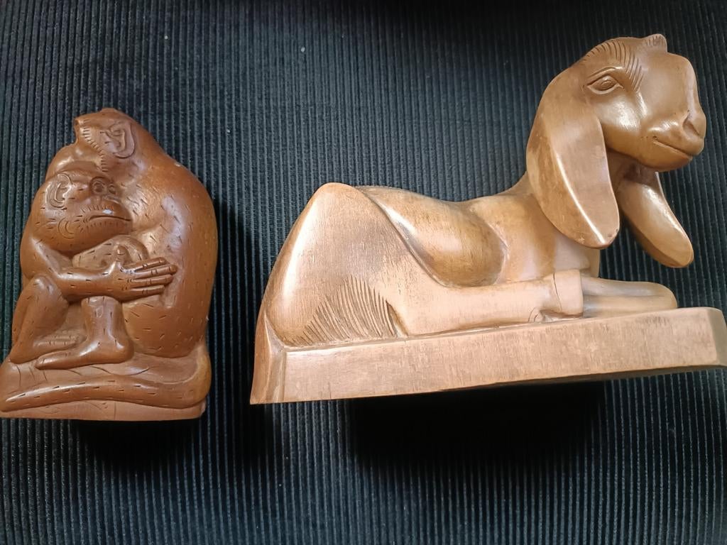 Twee Art deco beelden hout Bokje en Apen, Antiek en Kunst, Ophalen of Verzenden