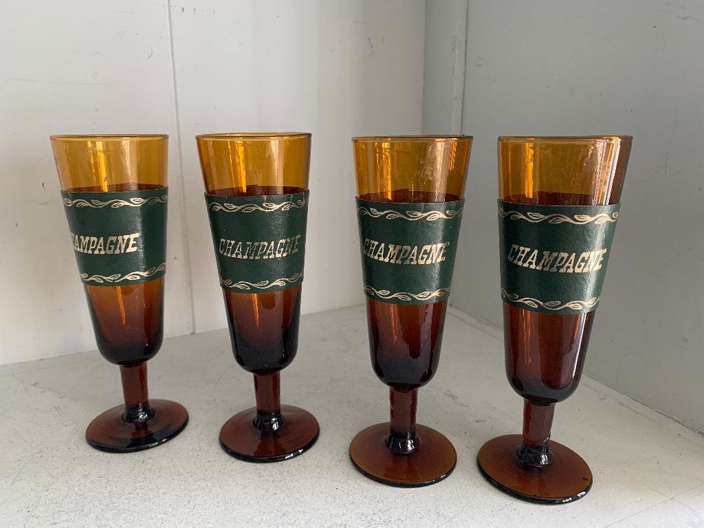 Set van 4 vintage champagneglazen met 'Champagne' opdruk, Ophalen of Verzenden
