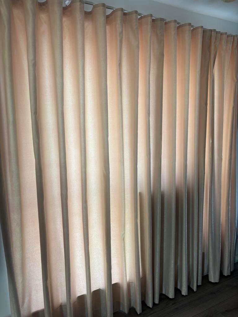 Beige/poederroze Wave Plooi Gordijnen+Gratis Rails. 3 Maten, Huis en Inrichting, Ophalen of Verzenden, Zo goed als nieuw, Beige