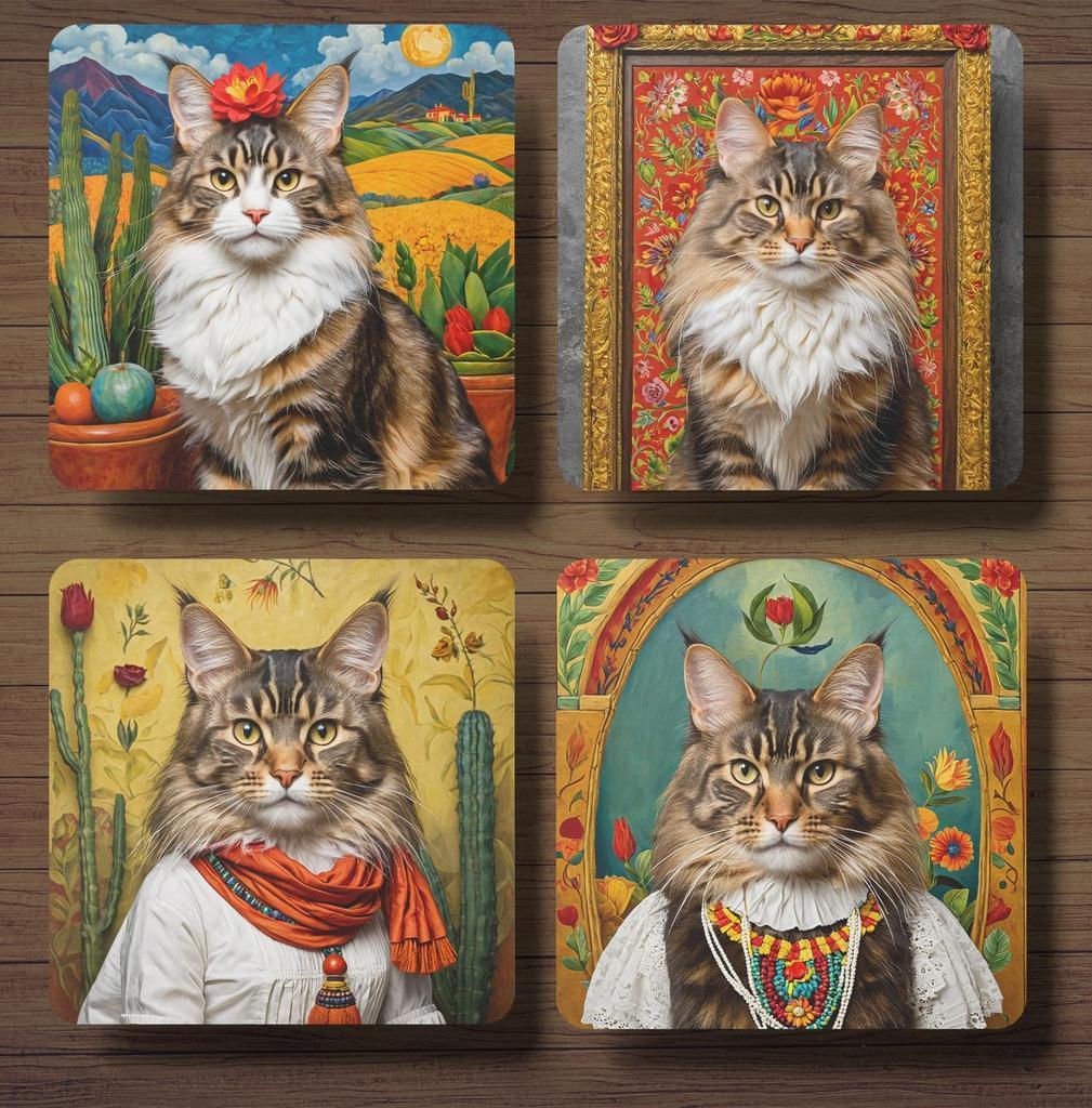 Maine Coon Frida Kahlo onderzetters met houder, Ophalen of Verzenden, Nieuw, Glas of Kopje