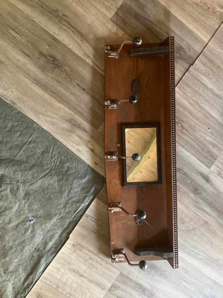 Brocante houten wandkapstok met spiegel en haken, Gebruikt, Minder dan 100 cm, Hout, Ophalen