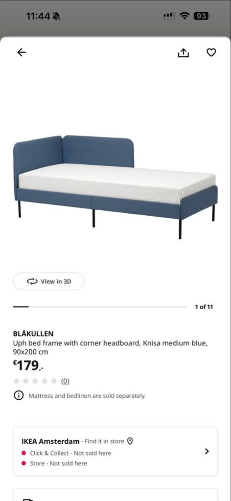 BLÅKULLEN Eenpersoons Bedframe met Hoofdbord - Blauw, Ophalen, 90 cm, Eenpersoons, Blauw