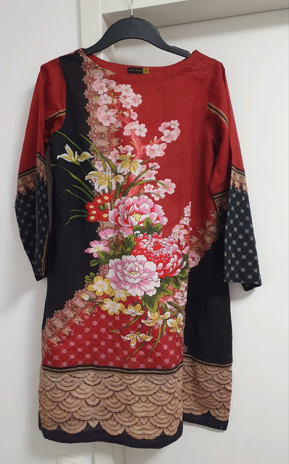 Khas Pret Tuniek katoen Rood Zwart Bloemen Maat S, Ophalen of Verzenden, Zo goed als nieuw, Maat 36 (S), Khas Pret
