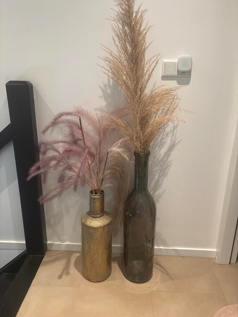 Grote woondecoratie: vazen met pluimen, Ophalen of Verzenden, Zo goed als nieuw, Glas, Goud