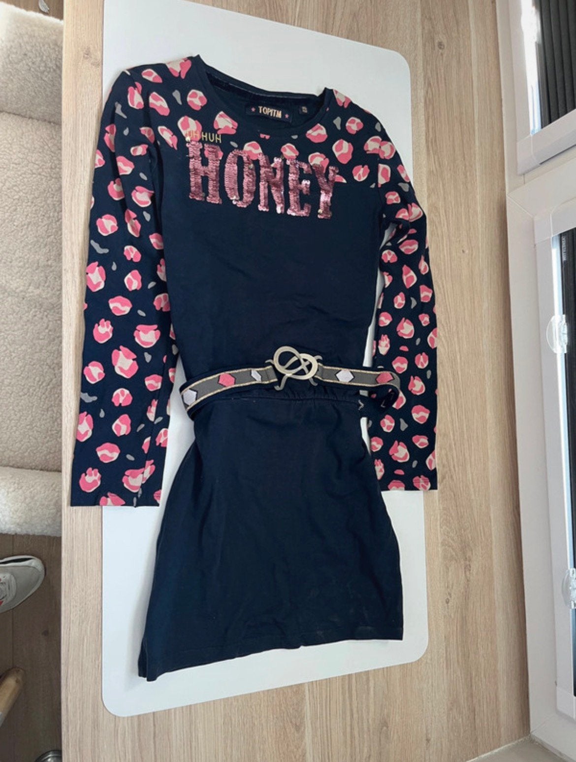 Topitm jurkje maat 146/152 donkerblauw/roze/goud, Kinderen en Baby's, Ophalen of Verzenden, Zo goed als nieuw, Meisje, Jurk of Rok