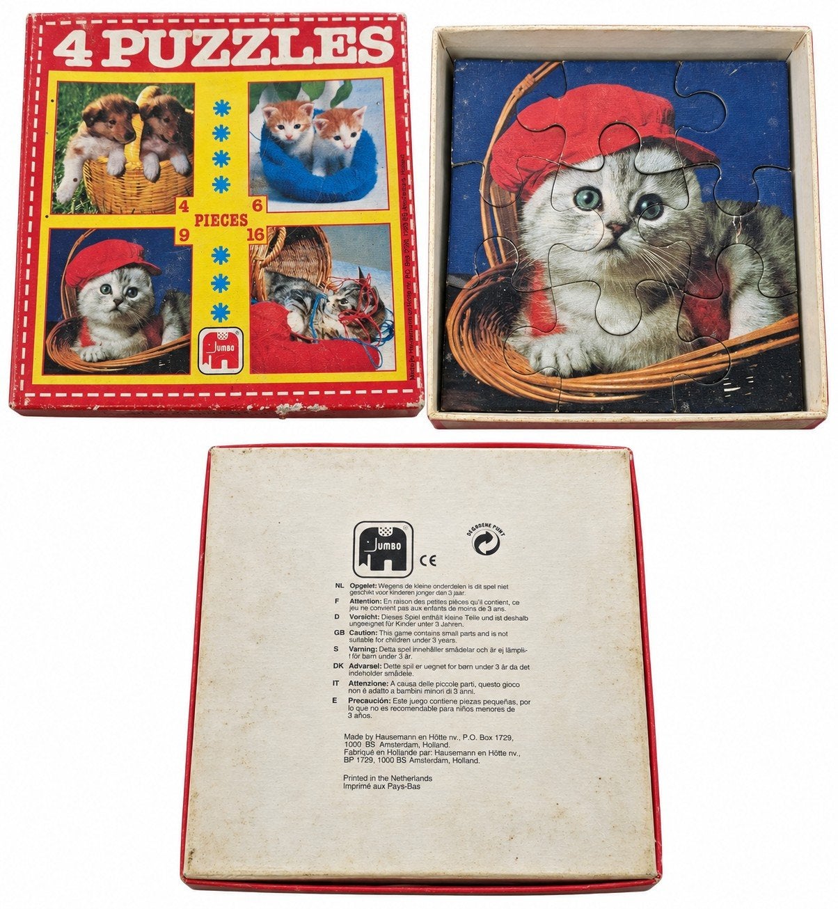 Vintage Jumbo 4 Puzzles – katten & honden – retro puzzeldoos, Ophalen of Verzenden