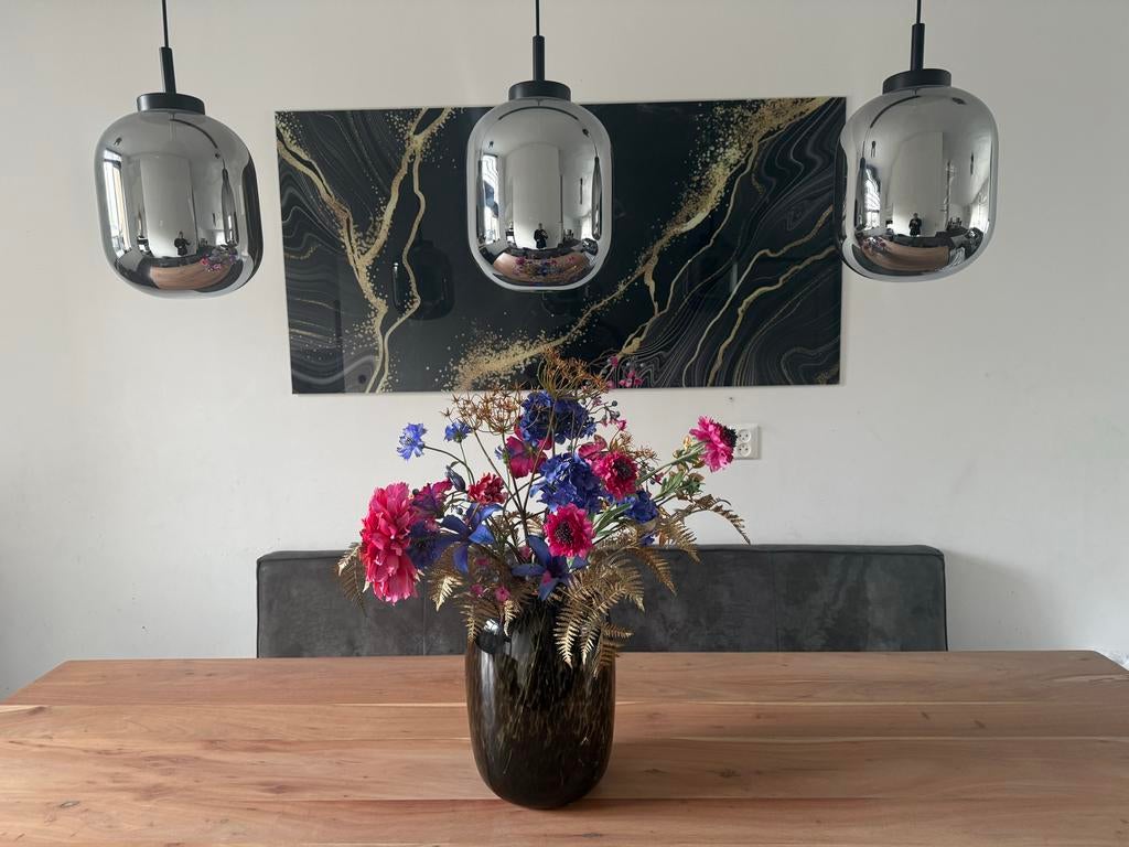 Groot Echt-Glas schilderij marmer zwart goud 80 x 160 cm, Ophalen, Gebruikt, Oorspronkelijke maker, 125 cm of meer