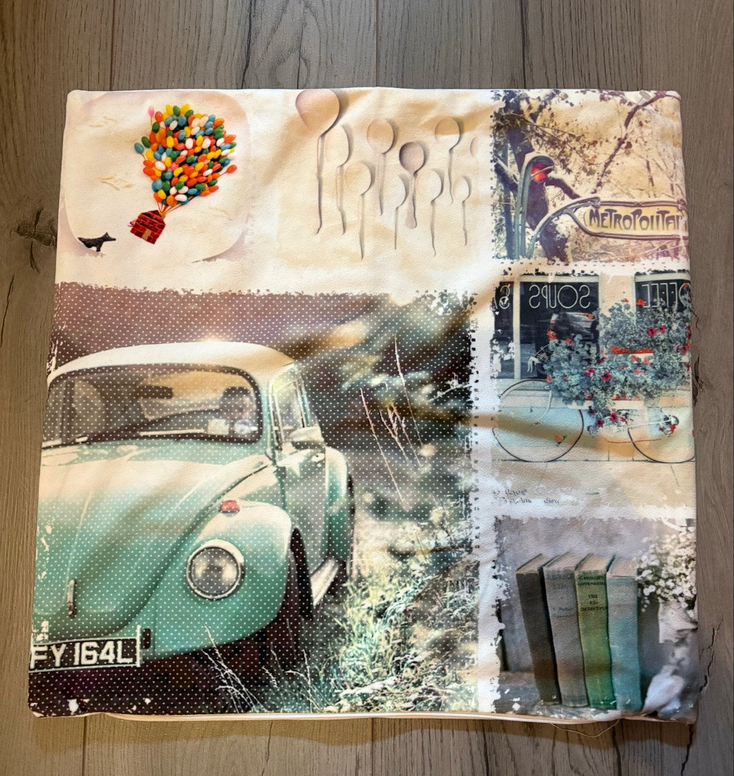 Decoratief sierkussen met vintage auto en boekenprint, Overige merken, Meerkleurig, Afneembare hoes, Vierkant