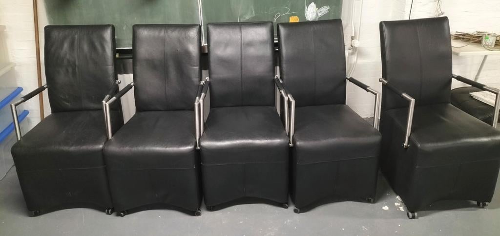 Set van 6 zwarte leren eetkamerstoelen met armleuningen, Huis en Inrichting, Stoelen, Ophalen, Gebruikt, Zwart, Modern met industriële accenten