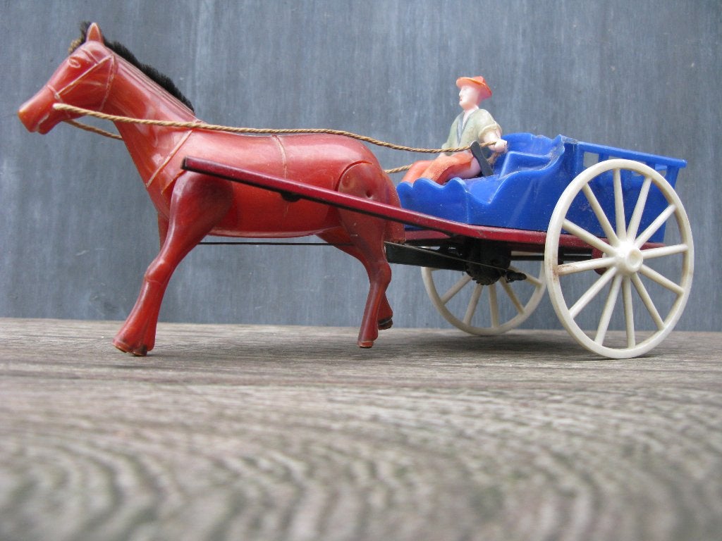 SPEELGOED OPWINDBAAR BLIK+BAKELIET PAARD&KAR, Ophalen of Verzenden