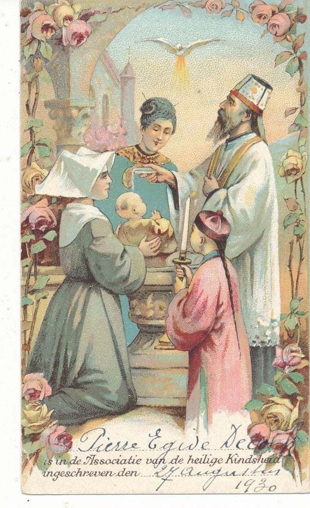 Mooi oud prentje van Genootschap Der H. Kindsheid, Ophalen of Verzenden, Zo goed als nieuw, Kaart of Prent, Christendom | Katholiek