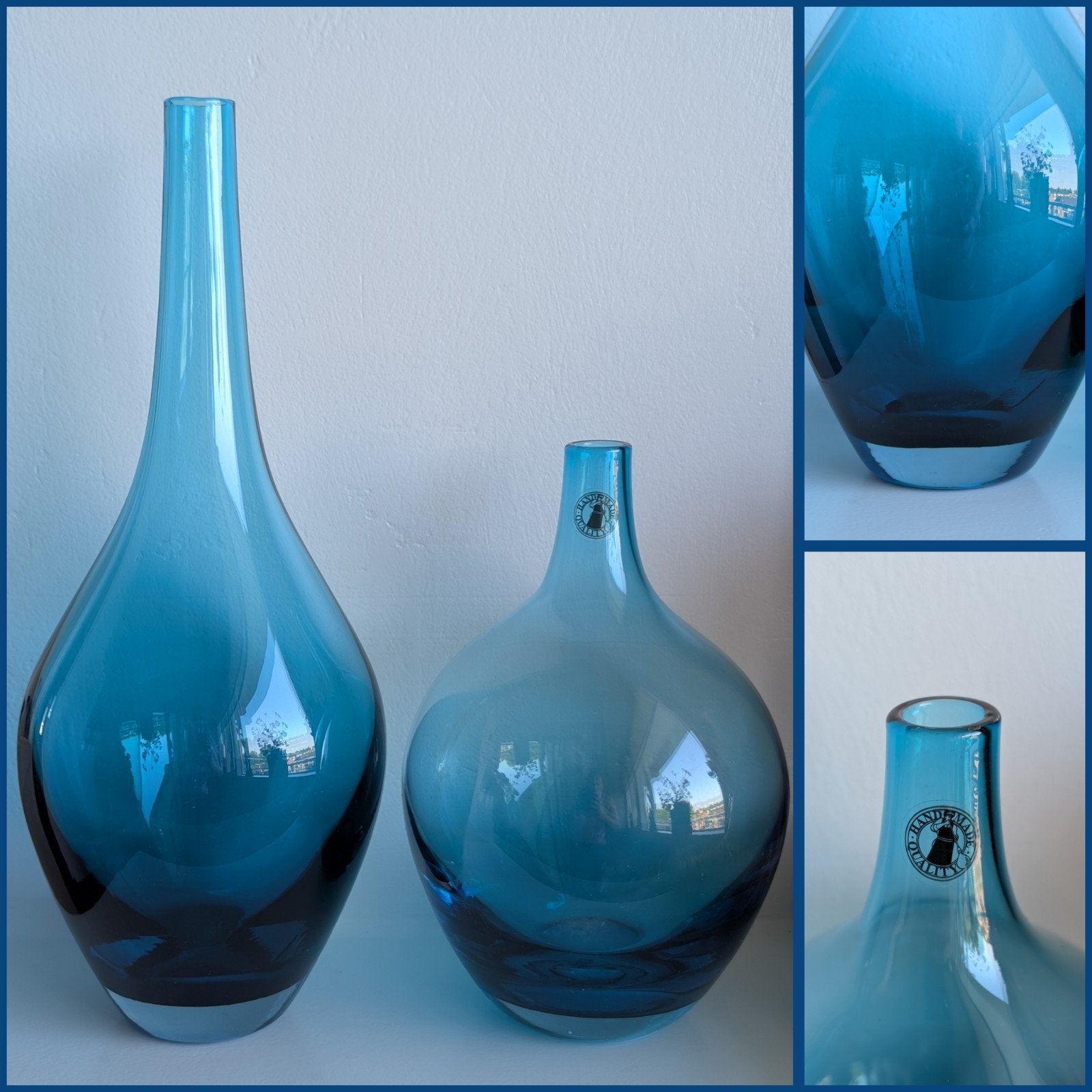 Set van 2 blauwe glazen vazen Salong 31 cm en 20 cm hoog, Blauw, Handgemaakt, Ophalen, 31 cm