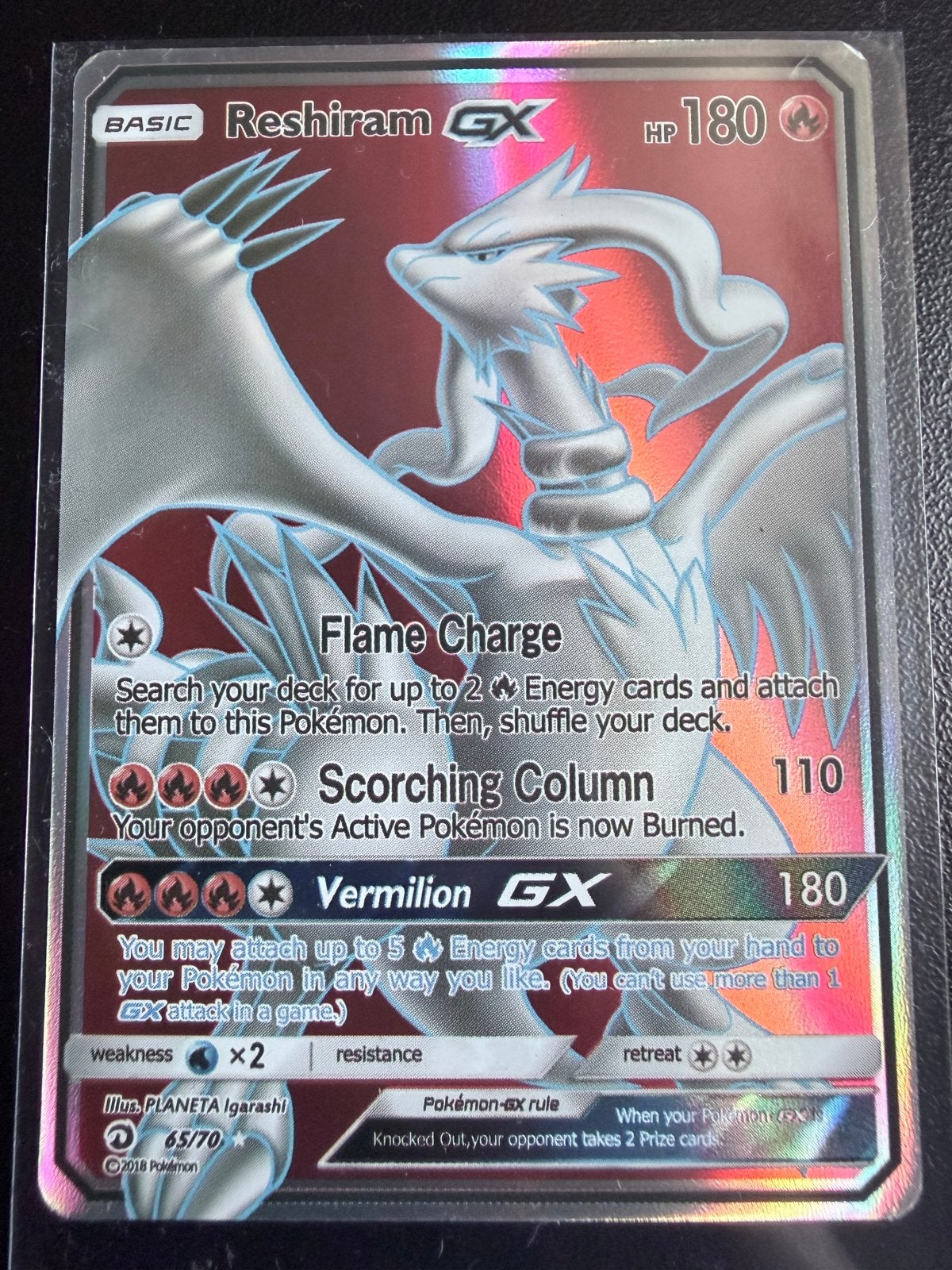 Reshiram GX Pokémon kaart 65/70, Ophalen, Zo goed als nieuw, Losse kaart, Foil