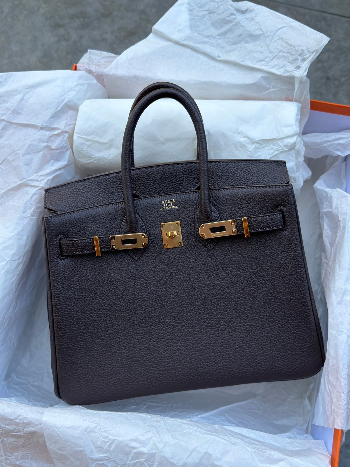 Birkin 25 Ebéne GHW, Sieraden, Tassen en Uiterlijk, Tassen | Damestassen, Verzenden, Zo goed als nieuw, Bruin, Handtas