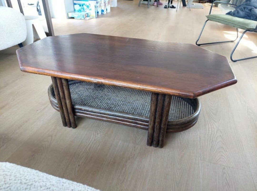 Vintage salontafel achthoekig hout + rotan + webbing, Ophalen, Gebruikt, 100 tot 150 cm, Overige vormen